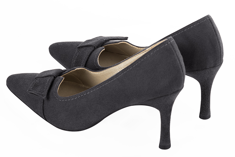 Dark grey women's dress pumps, with a knot on the front. Tapered toe. High slim heel. Rear view - Florence KOOIJMAN